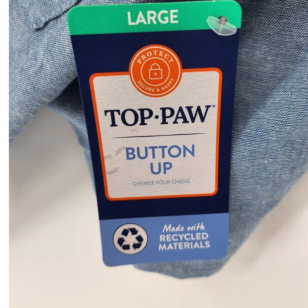 Top Paw Blue Button-Up Dog Shirt with Peace Sign – Size Large